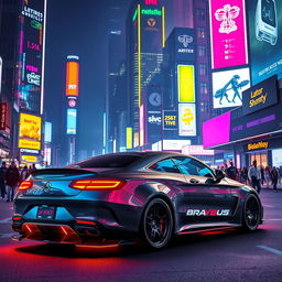 A sleek and modified Mercedes-Benz S63 Coupe Brabus, showcasing its aggressive and futuristic design, parked in a vibrant cyberpunk city setting