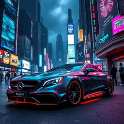 A sleek and modified Mercedes-Benz S63 Coupe Brabus, showcasing its aggressive and futuristic design, parked in a vibrant cyberpunk city setting