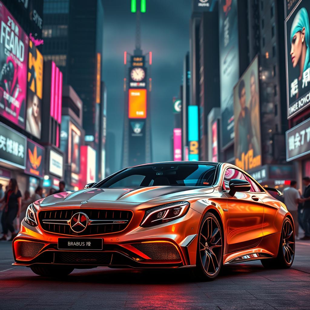 A sleek and modified Mercedes-Benz S63 Coupe Brabus, showcasing its aggressive and futuristic design, parked in a vibrant cyberpunk city setting