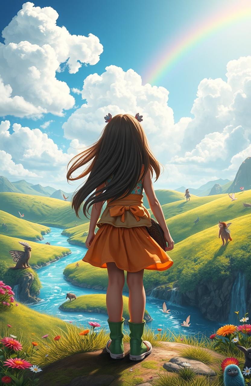 A scene depicting a young girl embarking on an adventure in a vibrant fantasy world, standing with her back to the viewer