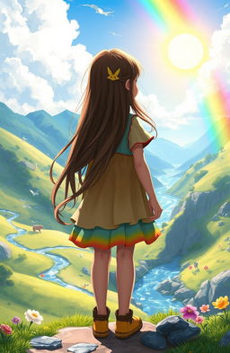 A scene depicting a young girl embarking on an adventure in a vibrant fantasy world, standing with her back to the viewer