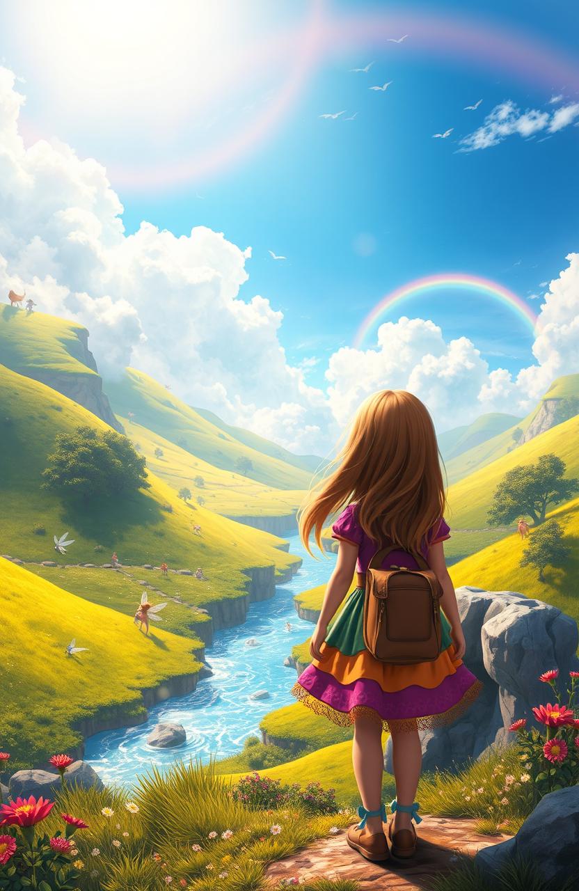 A scene depicting a young girl embarking on an adventure in a vibrant fantasy world, standing with her back to the viewer