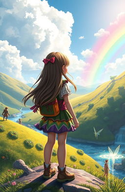 A scene depicting a young girl embarking on an adventure in a vibrant fantasy world, standing with her back to the viewer