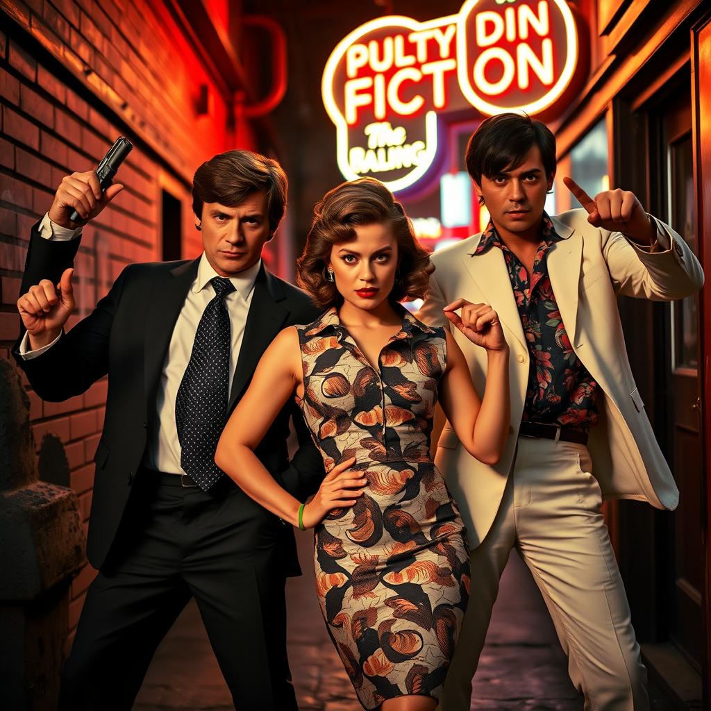 A dynamic scene featuring two confident men and a strong woman, all posing dramatically in the style of classic Pulp Fiction characters