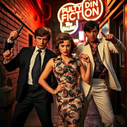 A dynamic scene featuring two confident men and a strong woman, all posing dramatically in the style of classic Pulp Fiction characters