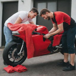 A young man using a microfiber towel to clean a vibrant red Ducati motorcycle