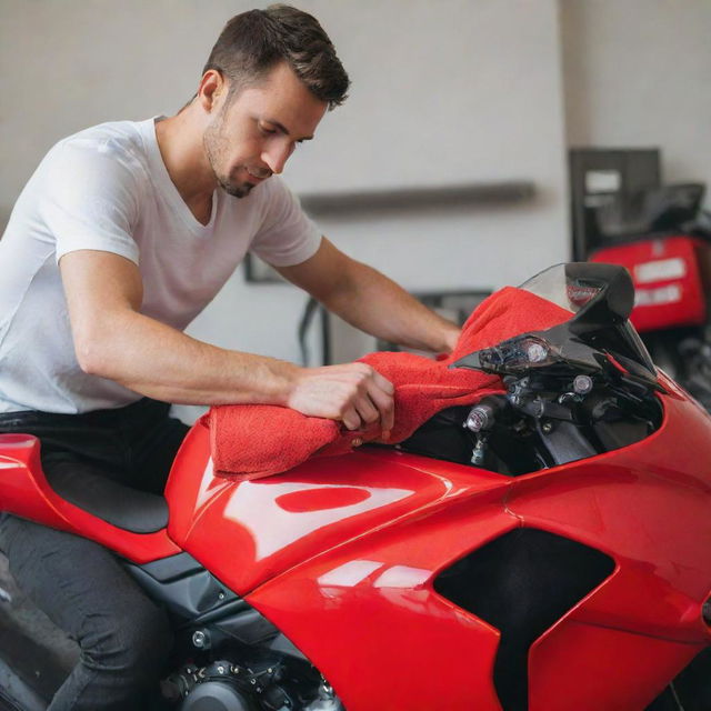 A young man using a microfiber towel to clean a vibrant red Ducati motorcycle