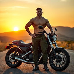 A muscular shirtless man standing confidently beside a sleek motorcycle, wearing only army pants