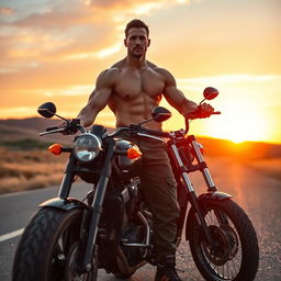 A muscular shirtless man standing confidently beside a sleek motorcycle, wearing only army pants