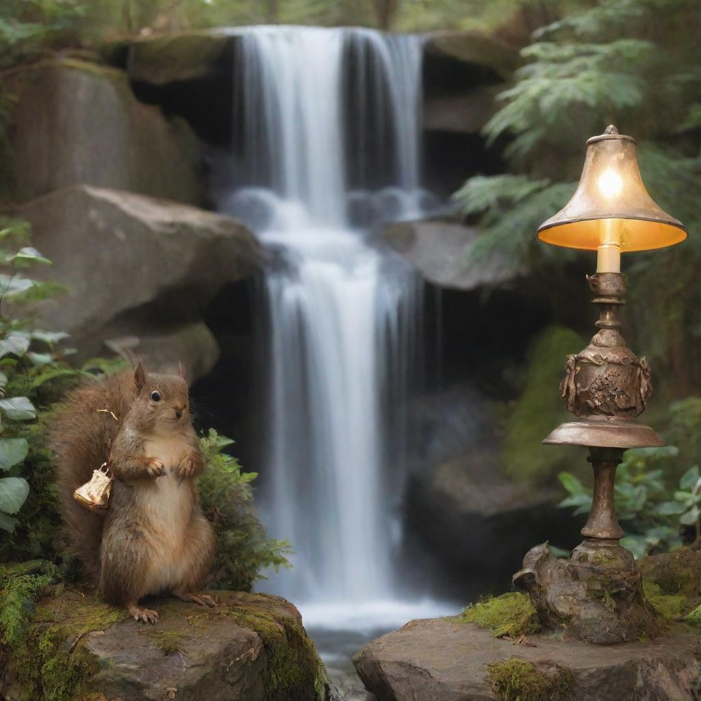 A picturesque scene featuring a bell, a flowing waterfall, a squirrel, a lamp, and a fairy holding a purse standing next to the waterfall.