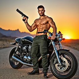 A muscular shirtless man standing confidently beside a powerful motorcycle, wearing only army pants and holding a pistol in a relaxed pose