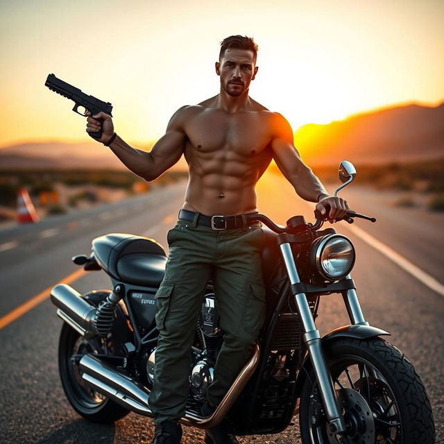 A muscular shirtless man standing confidently beside a powerful motorcycle, wearing only army pants and holding a pistol in a relaxed pose