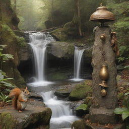 A picturesque scene featuring a bell, a flowing waterfall, a squirrel, a lamp, and a fairy holding a purse standing next to the waterfall.