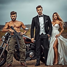 A rugged, shirtless man wearing army pants stands confidently beside a powerful motorcycle, holding a gun with a determined expression