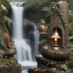 A picturesque scene featuring a bell, a flowing waterfall, a squirrel, a lamp, and a fairy holding a purse standing next to the waterfall.