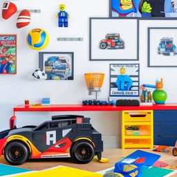 A spacious, brightly lit boys room with vibrant and colorful decor. Various elements such as race car-themed bed, superhero posters, sports equipment, lego sets, and a study area.