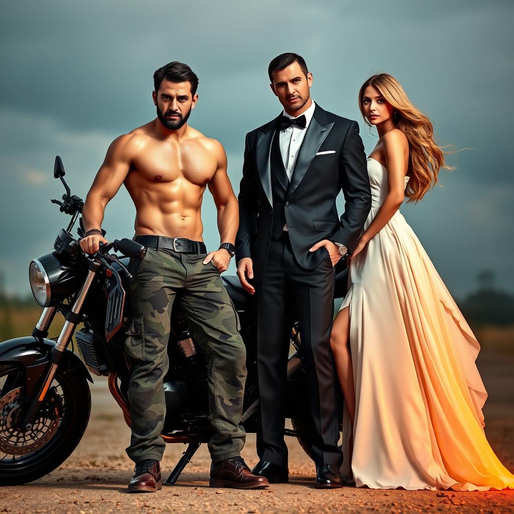 A shirtless man showcasing a muscular physique, wearing army camouflage pants, proudly standing beside a sleek motorcycle