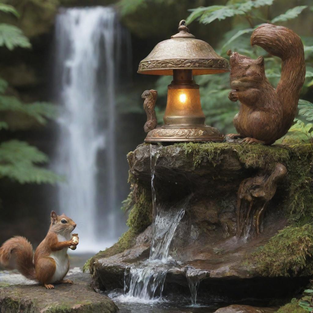 A picturesque scene featuring a bell, a flowing waterfall, a squirrel, a lamp, and a fairy holding a purse standing next to the waterfall.