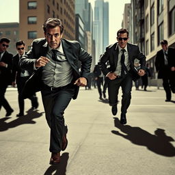 A dynamic scene depicting a man in a gripping moment of action, running in a panic while looking over his shoulder