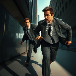 A dynamic scene depicting a man in a gripping moment of action, running in a panic while looking over his shoulder