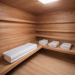 A warm and relaxing view of a wooden sauna, with a pyramid of rolled white towels displayed