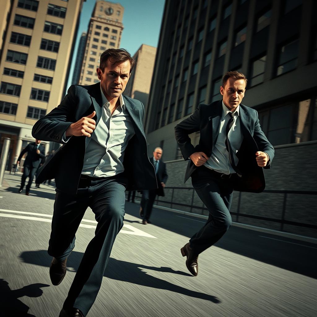 A dynamic scene depicting a man in a gripping moment of action, running in a panic while looking over his shoulder