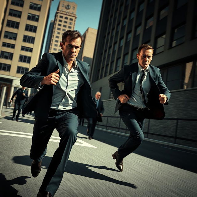 A dynamic scene depicting a man in a gripping moment of action, running in a panic while looking over his shoulder