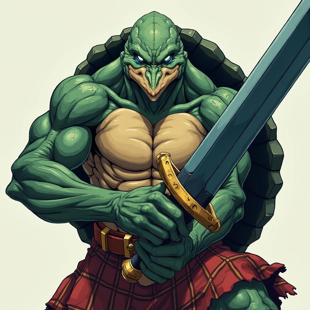 In an anime art style reminiscent of One Punch Man, depict a Snapping Turtle man with an intense and fierce face, characterized by a very pointed beak that looks dangerously sharp