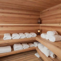 A warm and relaxing view of a wooden sauna, with a pyramid of rolled white towels displayed