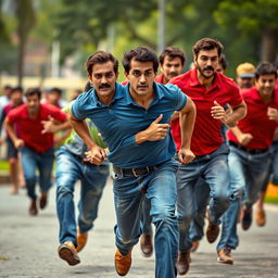 A thrilling action scene featuring a man in a blue polo shirt and jeans, sprinting with urgency