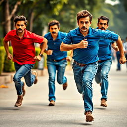 A thrilling action scene featuring a man in a blue polo shirt and jeans, sprinting with urgency