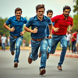 A thrilling action scene featuring a man in a blue polo shirt and jeans, sprinting with urgency