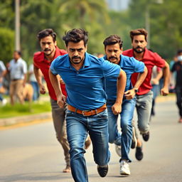 A thrilling action scene featuring a man in a blue polo shirt and jeans, sprinting with urgency