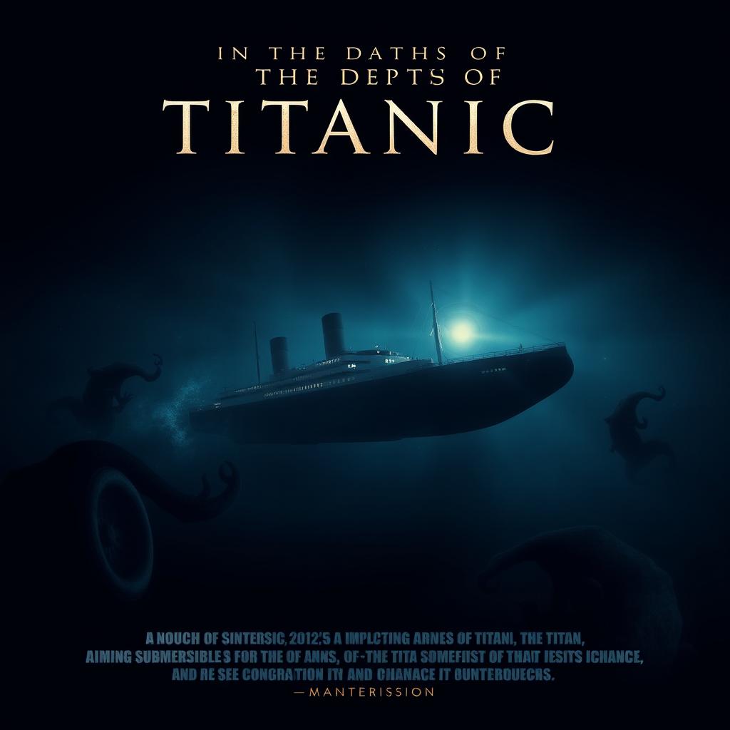 A dramatic movie poster for 'In the Depths of the Titanic', featuring a powerful visual connection between the sinking of the Titanic in 1912 and the implosion of the Titan submersible in 2023