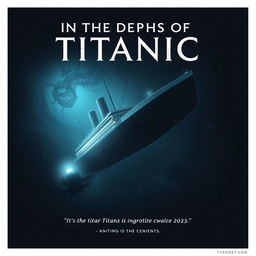 A dramatic movie poster for 'In the Depths of the Titanic', featuring a powerful visual connection between the sinking of the Titanic in 1912 and the implosion of the Titan submersible in 2023