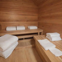 A warm and relaxing view of a wooden sauna, with a pyramid of rolled white towels displayed