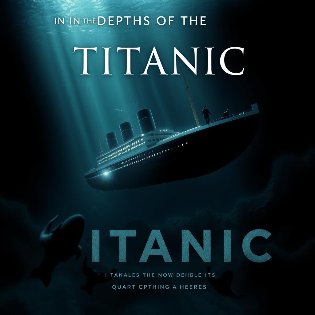 A dramatic movie poster for 'In the Depths of the Titanic', featuring a powerful visual connection between the sinking of the Titanic in 1912 and the implosion of the Titan submersible in 2023