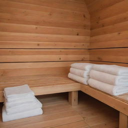 A warm and relaxing view of a wooden sauna, with a pyramid of rolled white towels displayed