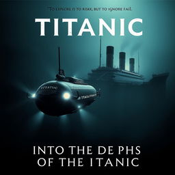 A dramatic movie poster titled 'Into the Depths of the Titanic', depicting a modern submarine exploring the wreckage of the Titanic at the ocean's floor