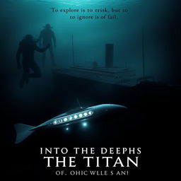 A dramatic movie poster titled 'Into the Depths of the Titanic', depicting a modern submarine exploring the wreckage of the Titanic at the ocean's floor