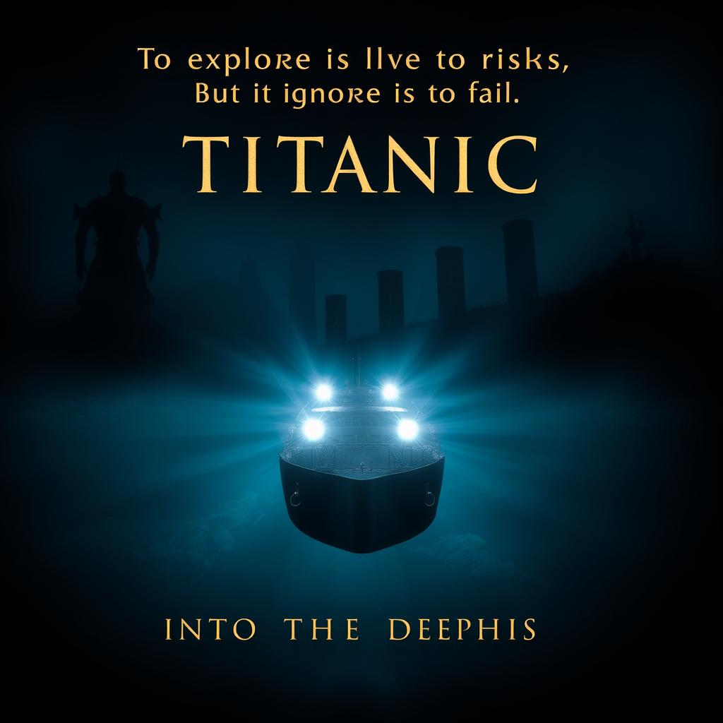 A dramatic movie poster titled 'Into the Depths of the Titanic', depicting a modern submarine exploring the wreckage of the Titanic at the ocean's floor