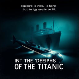 A dramatic movie poster titled 'Into the Depths of the Titanic', depicting a modern submarine exploring the wreckage of the Titanic at the ocean's floor