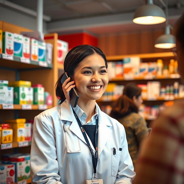 A friendly pharmacy attendant in a warm and inviting pharmacy atmosphere, engaged in a phone conversation with a customer