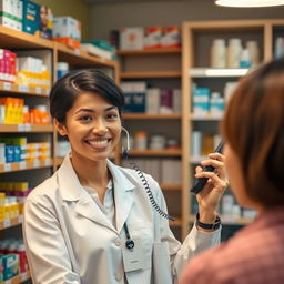 A friendly pharmacy attendant in a warm and inviting pharmacy atmosphere, engaged in a phone conversation with a customer