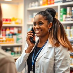 A friendly pharmacy attendant in a warm and inviting pharmacy atmosphere, engaged in a phone conversation with a customer