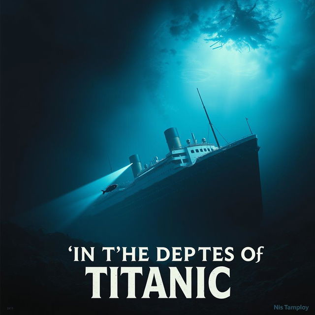 A dramatic movie poster for 'In the Depths of Titanic', featuring a dark underwater scene where a small submarine explores the wreckage of the Titanic