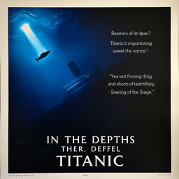 A dramatic movie poster for 'In the Depths of Titanic', featuring a dark underwater scene where a small submarine explores the wreckage of the Titanic