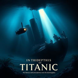 A dramatic movie poster for 'In the Depths of Titanic', featuring a dark underwater scene where a small submarine explores the wreckage of the Titanic