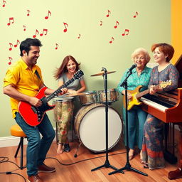 A cheerful family music band performing together in a vibrant setting