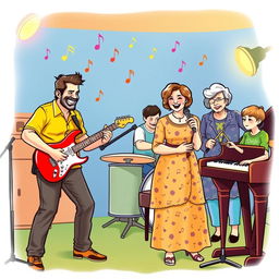 A cheerful family music band performing together in a vibrant setting